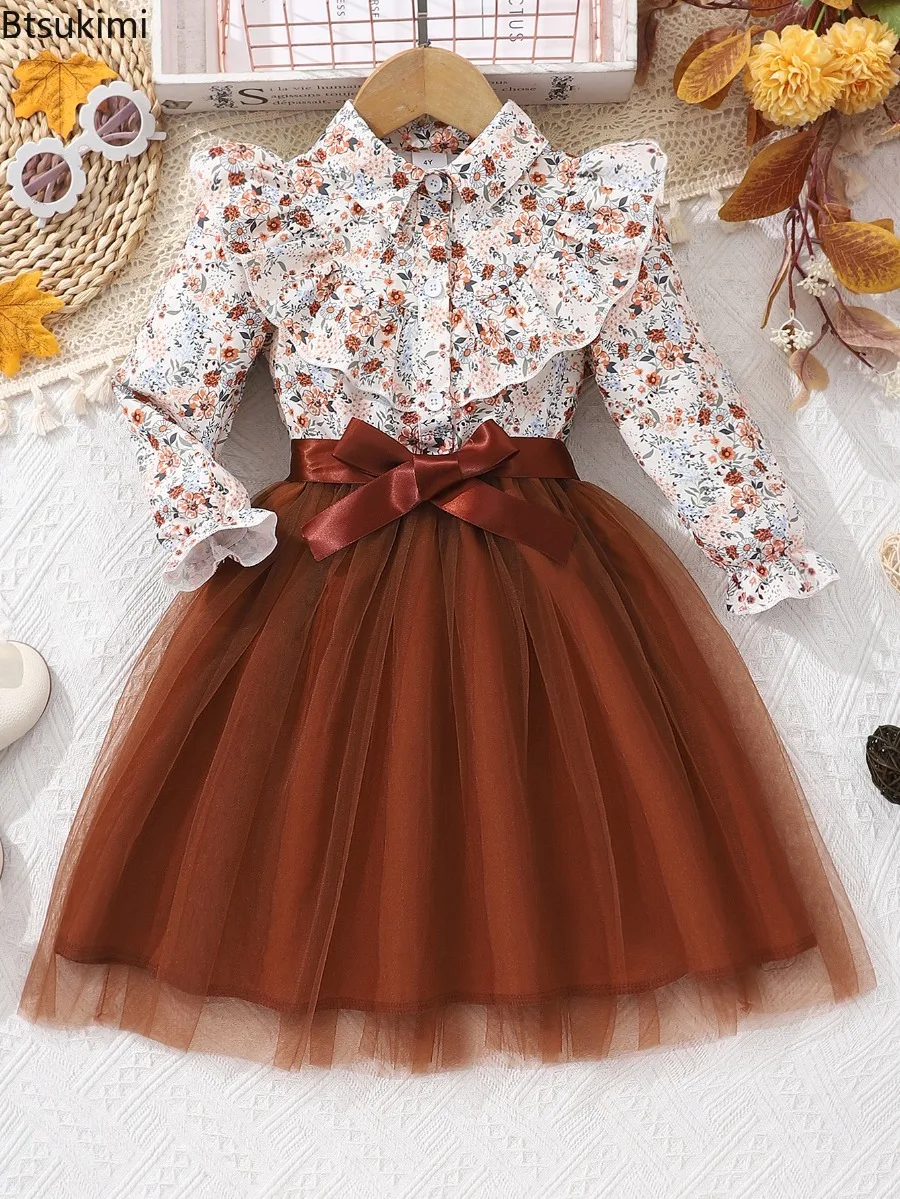 Kids Girl's Princess Dress Spring Autumn Long Sleeve Floral Elegant Gauze Belt Dress Casual Cute Children Dress 2-7 Years Old