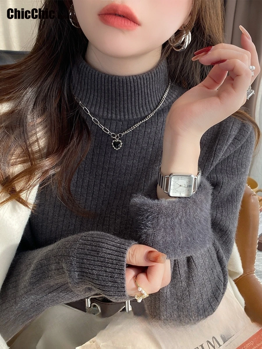 Nuevo suéter de invierno de cuello alto para mujer, Jersey elegante grueso con forro de terciopelo, Jersey de punto cálido, Tops ajustados, Jersey, Jersey de punto