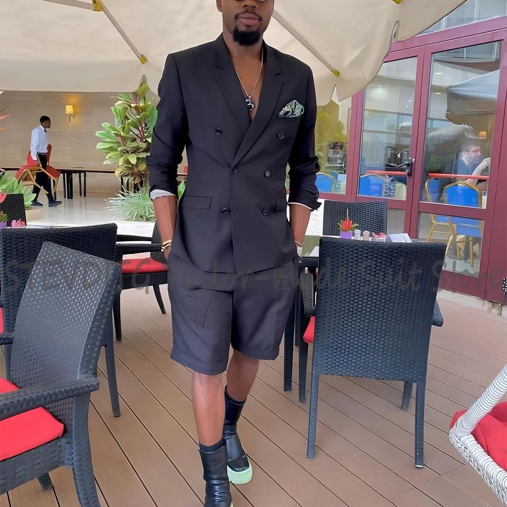 

Fashion Design Men's 2 Piece Suit Peak Lapel Double Breasted Jacket Short Pants Daily Casual Outfit New Summer Male Sets