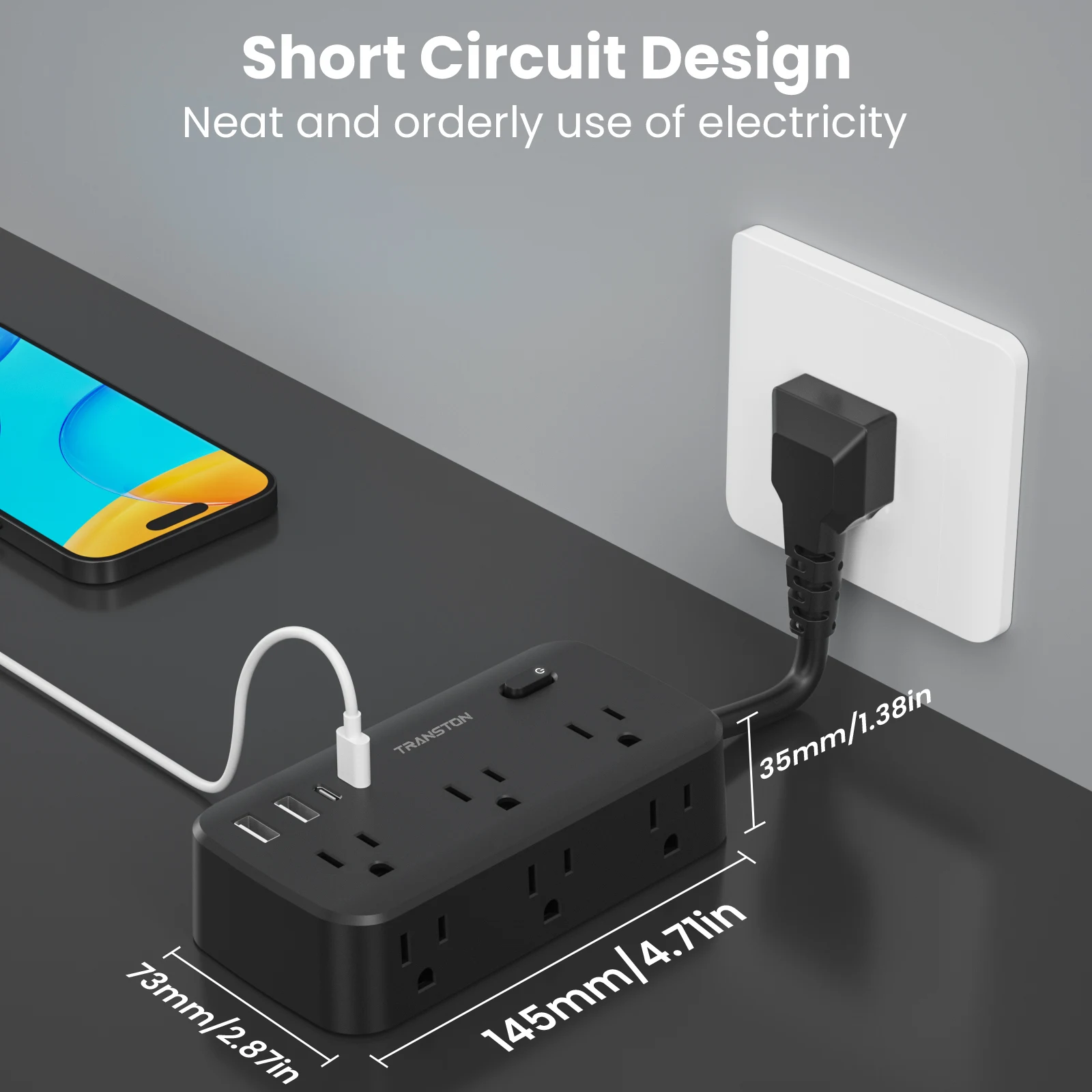 protection contre les surtensions pour bande d'alimentation noire avec 6 prises CA, 2 ports de charge rapide USB et 2 USB-C, 10 en 1,45 ° bouchon inclinable, Protection avancée