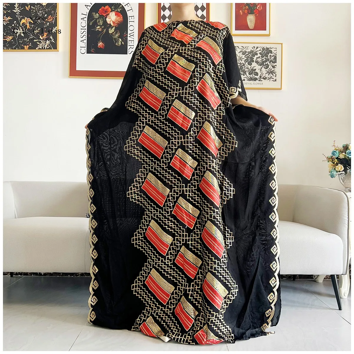 2024 New Women Muslim Sequin Embroidery Long Black Lady Clothes Fashion New Arrival African Embroidery Flower Dresse With Scarf