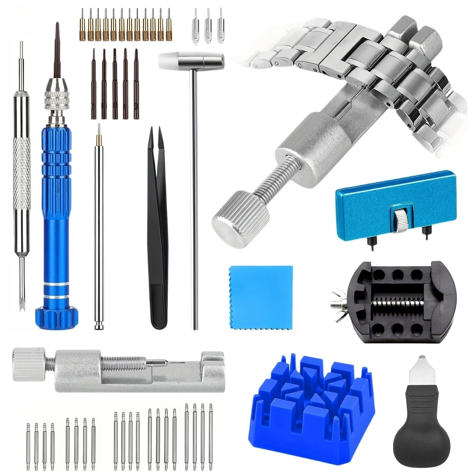 51pcs Metal Watch Repair Tool Kit with Adjusting Band Bracelet Link Pin Remover Watch Back Case Opener Screwdriver Spring Bar