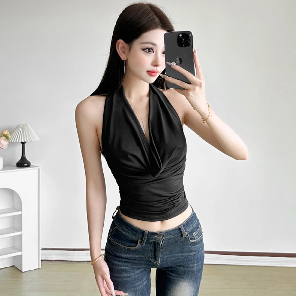 SylCue Casual Simple Crop Tops Women Halter Swing Collar Off Shoulder Backless Street Fashion Versatile Style Classic Tank Tops