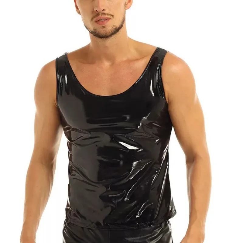 Men's Performance Clothing Sexy PVC Bright Leather Vest Nightclub Dance Costumes Summer Men Slim Sexy Black T-shirt