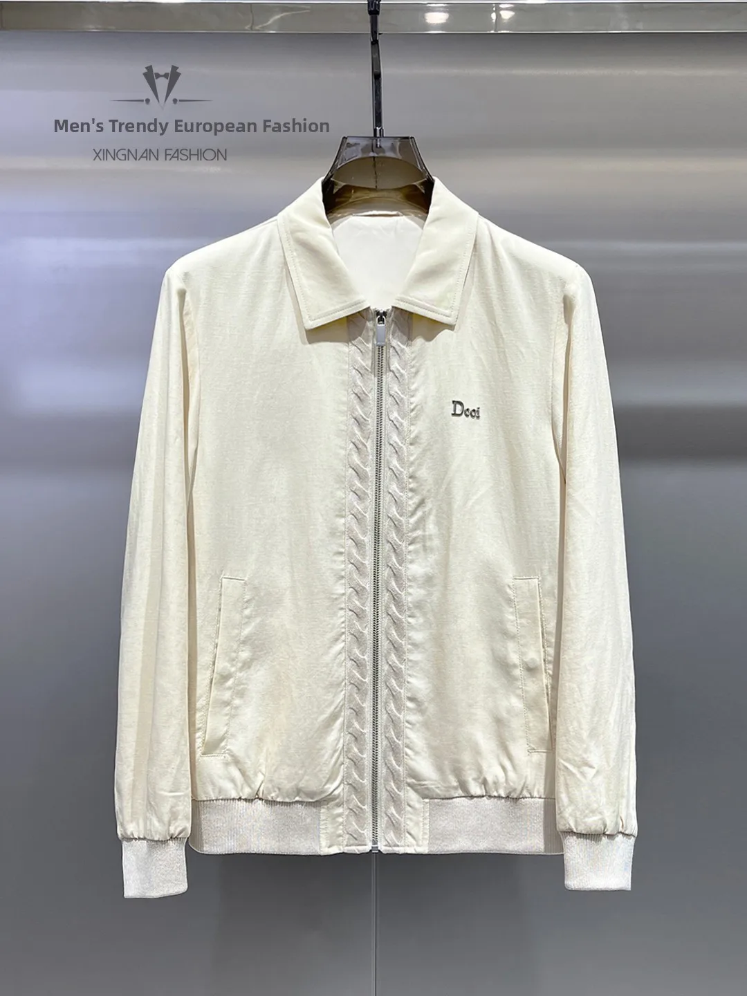 

Spring 2026 Men's Flannel Collar Jaet Casual High End Linen Outerwear Embroidered Slim Fit Stand Sle Long Sve Zipper