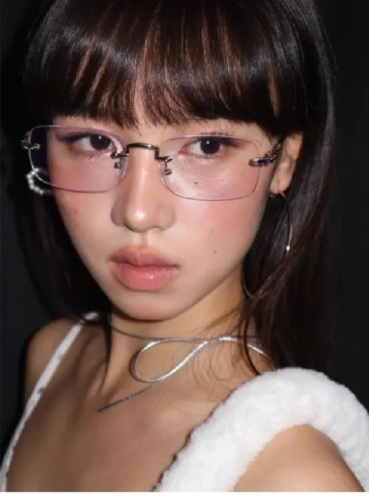 Silver Rimless Glasses for Women with High-End Sense Without Makeup Artifact Y2K European and American Sexys Myopia Eye Frames Gentle Scum