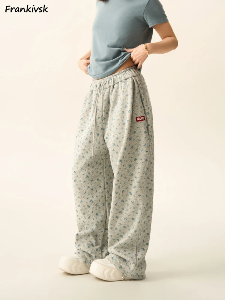 Pants Women Slouchy Floral Korean Style Vintage Spring Autumn Baggy High Street All-match Fashion Trousers Leisure Daily College