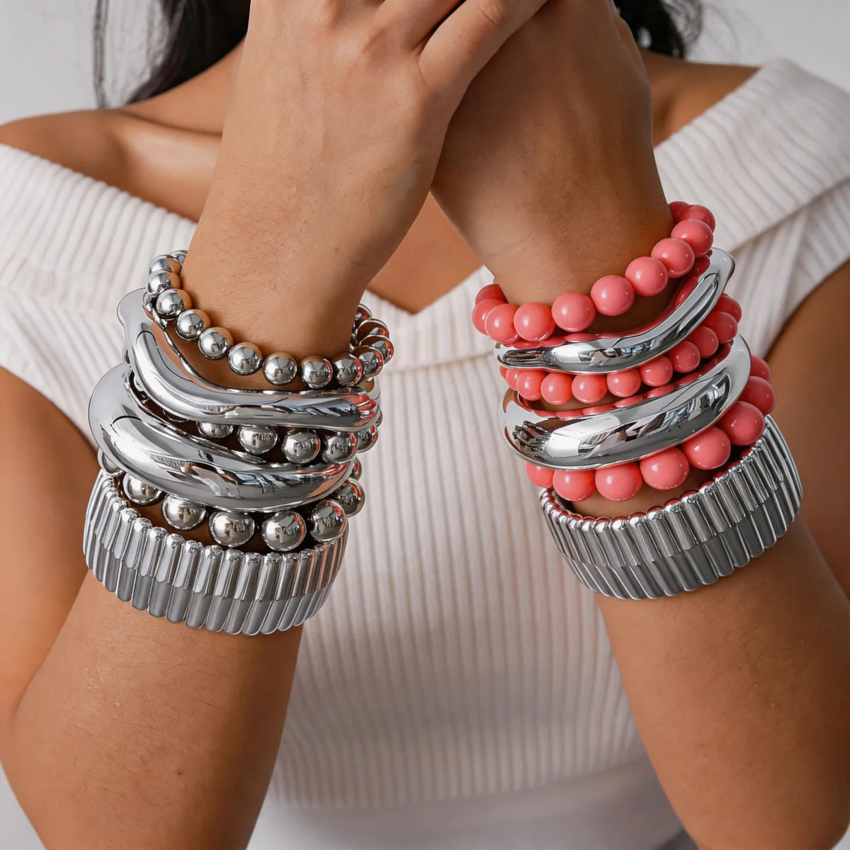 6 Pcs/set Mixed Stackable Acrylic Beaded Open Bangles for Women Men Multi-color Chunky Cuff Bracelets New Trendy Jewelry K