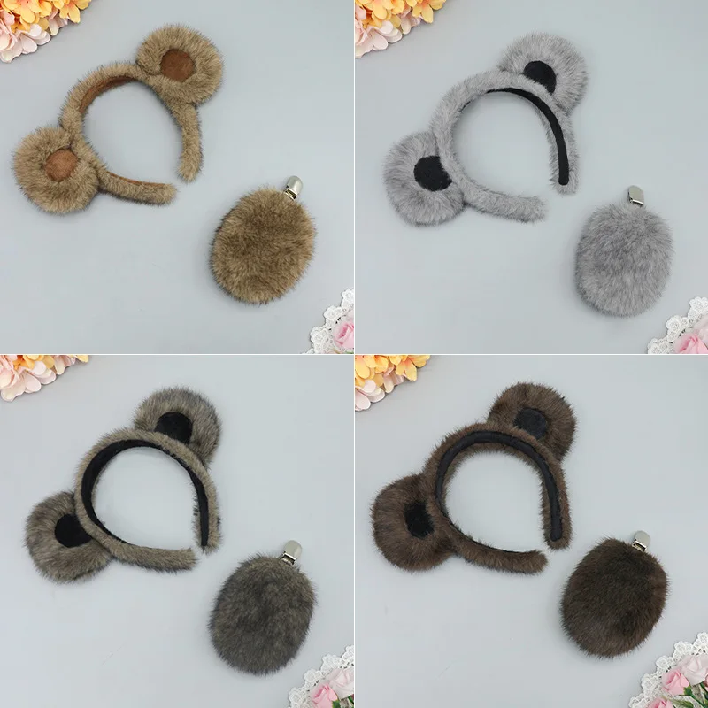 Copricapo per animali di Halloween Fascia per orecchie da orso Puntelli per spettacoli teatrali per feste Orso marrone Abito per coda di orecchie da orso nero