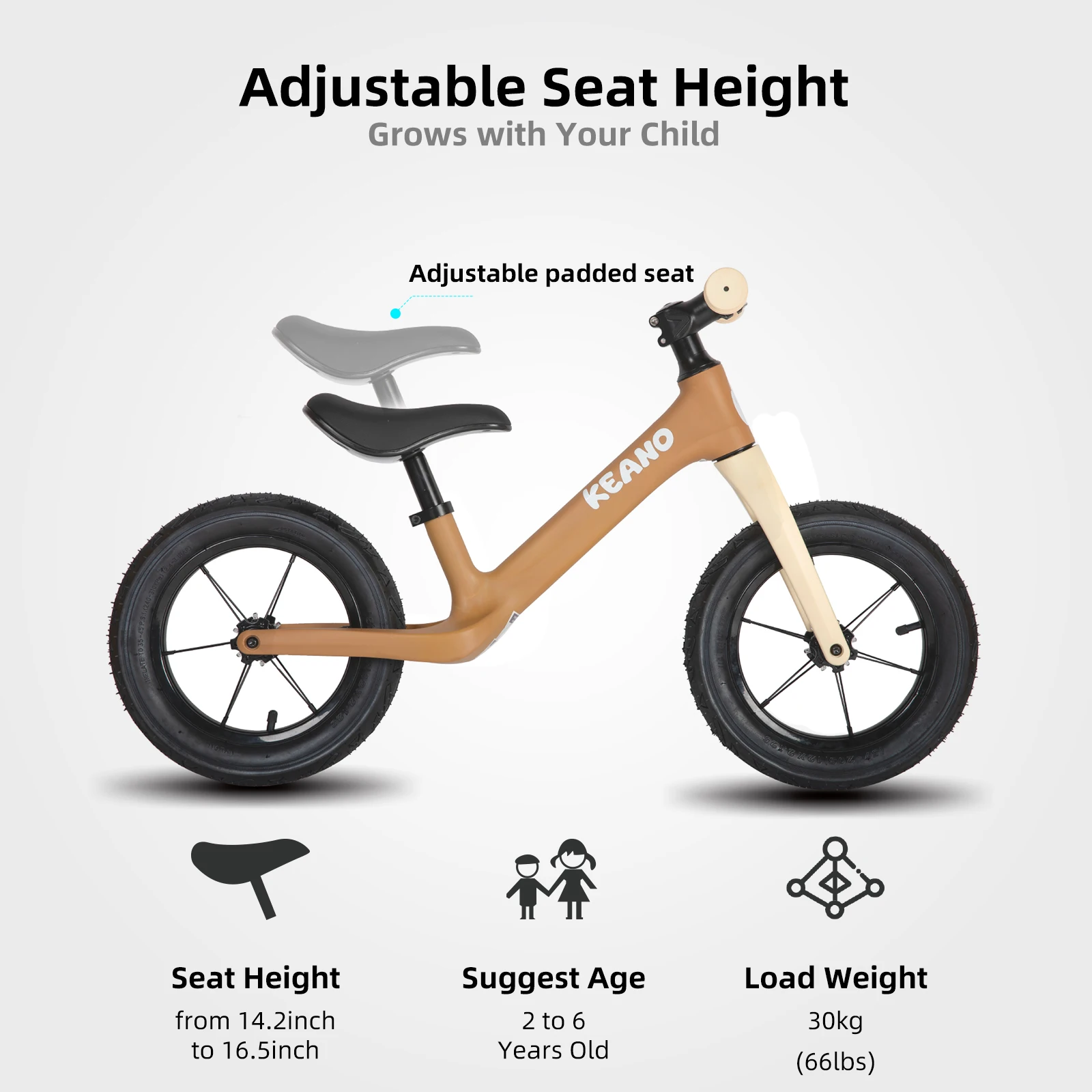 KEANO Bici da Equilibrio per Bambini da 12 Pollici per Ragazze e Ragazzi, Bici da Equilibrio per Bambini di 2+ Anni, Ruote Luminose, Bicicletta da Spinta senza Pedale