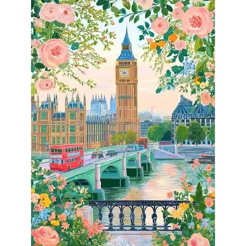 Adult Jigsaw Puzzle 1000 Pieces Puzzle Spring Flowers London City View Paper Puzzle Decorative Painting Exercise Brain Thinking