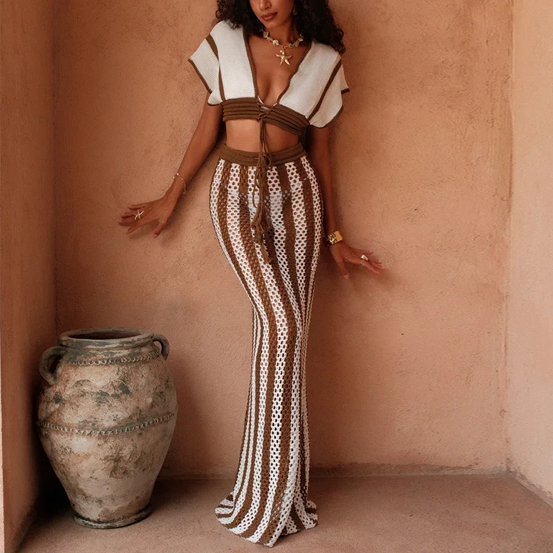 Estilo de moda, raya marrón y blanca, Top con lazo, falda larga, traje de baño transparente tejido para vacaciones en la playa, cubrir