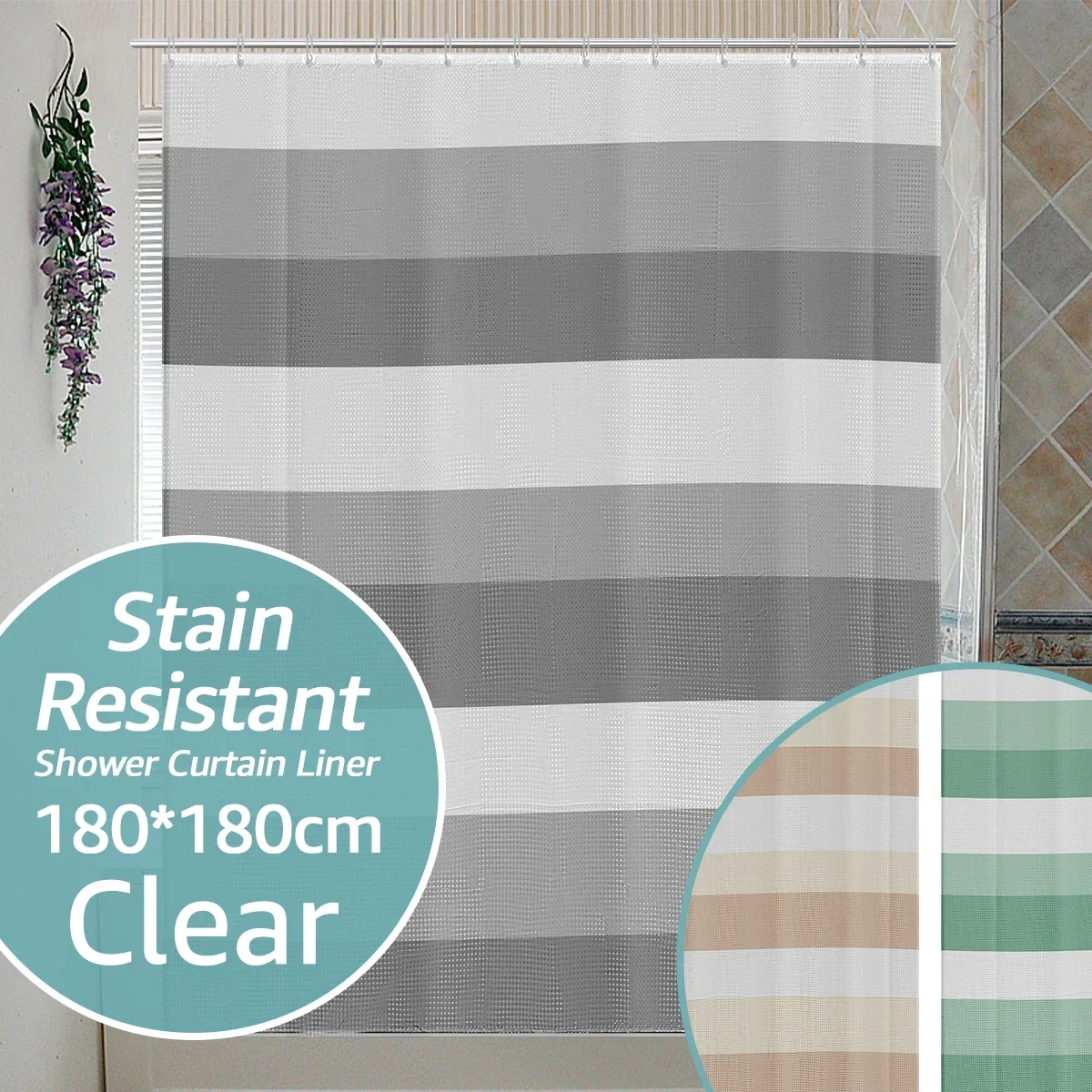 Shower Curtain Waterproof Polyester Bathroom Curtain 71x71 Inch Quick-Drying Shower Curtain with 12 Metal Hanging Rings Waffle