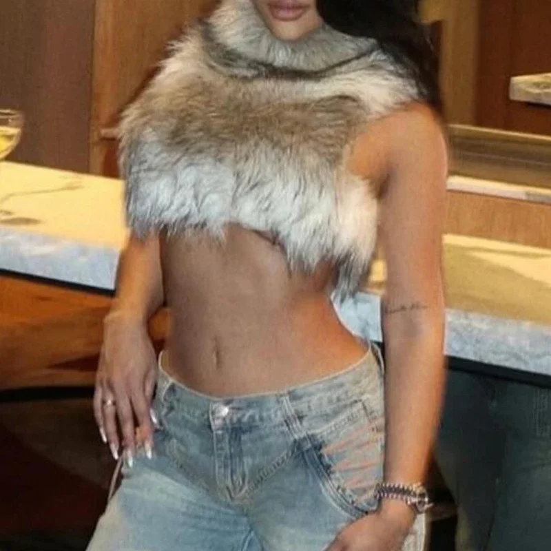 Sexy Tank Top Women Clothing  Autumn 2025 Fur Patchwork  Lady Solid Color Sleeveless Backless Zipper Crop Female Streetwear Vest