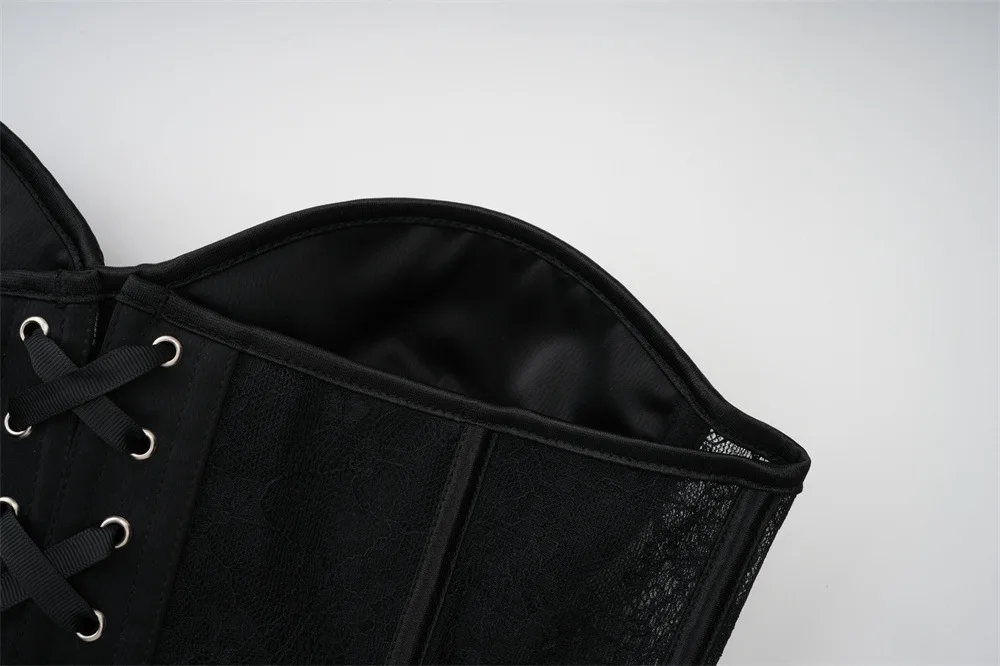 Damen Overbust-Korsett-Top Schwarz mit Blumenmuster Spitzen-Bustier Eingebaute Formkörbchen Rückenverschluss Stahlkorsett Vintage Shapewear Korsett – Detail 11