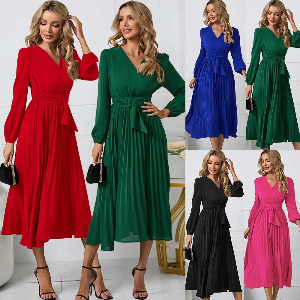 

Woman V Neck Long Sleeve Pleated Midi Dress Belted Wrap Waist Elegant Party Evening Cocktail Dress