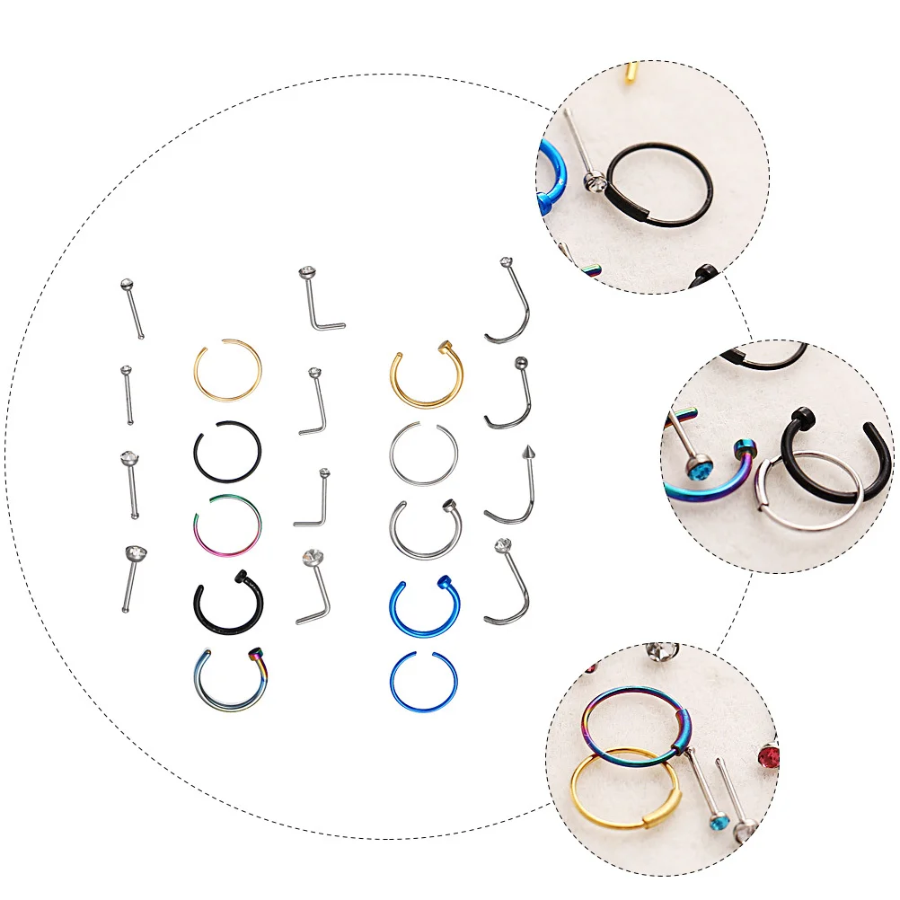 22 قطعة من حلقات ثقب الأنف المصنوعة من الفولاذ المقاوم للصدأ مجموعة مجوهرات أنف عصرية قوية للحفلات ثقب المجوهرات