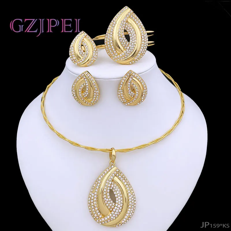 

Dubai Jewelry Set For Women Classic Design 18K Gold Plated Set Necklace Water Drop Pendant Earrings Bracelet And Ring