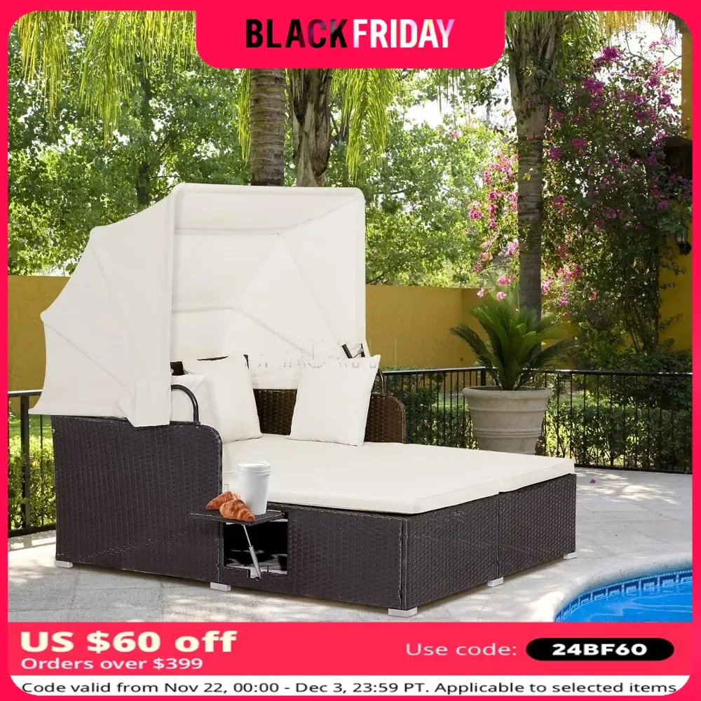 Garden Furniture Sets, Outdoor PE Rattan Lounge Daybed with Retractable Canopy & 2 Folding Side Trays, Patio Furniture Set