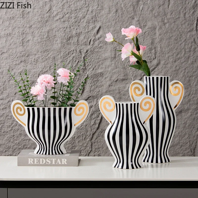 Zebra Stripes Ceramic Vase Flowers Pots Desk Decoration Flower Arrangement Black and White Floral Vases Room Aesthetic Decor