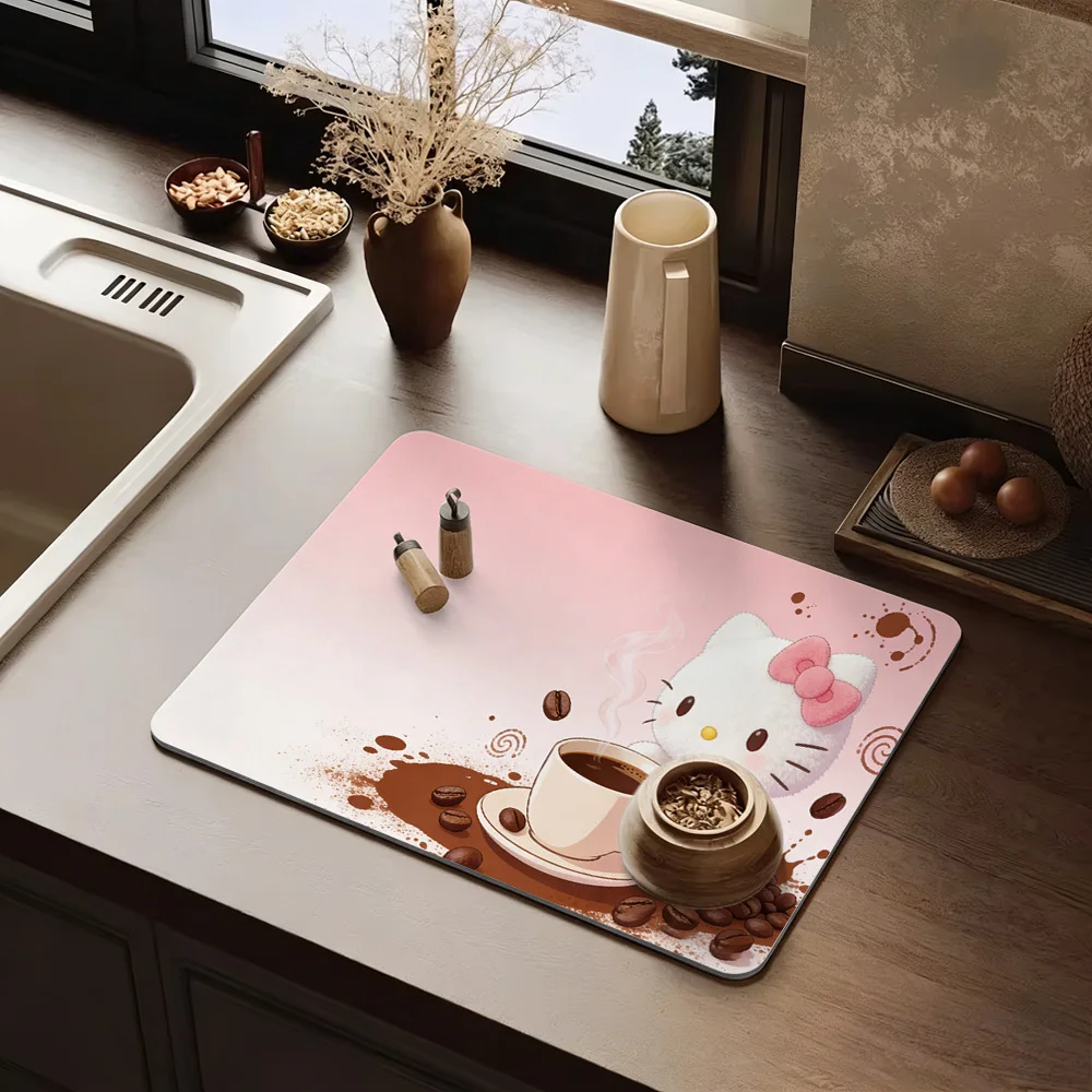 

Hello Kitty Pink Gradient Coffee Stain Cup Bean Cute Cartoon Dish Drying Mat Non-Slip Absorbent Washable Kitchen Counter Pad
