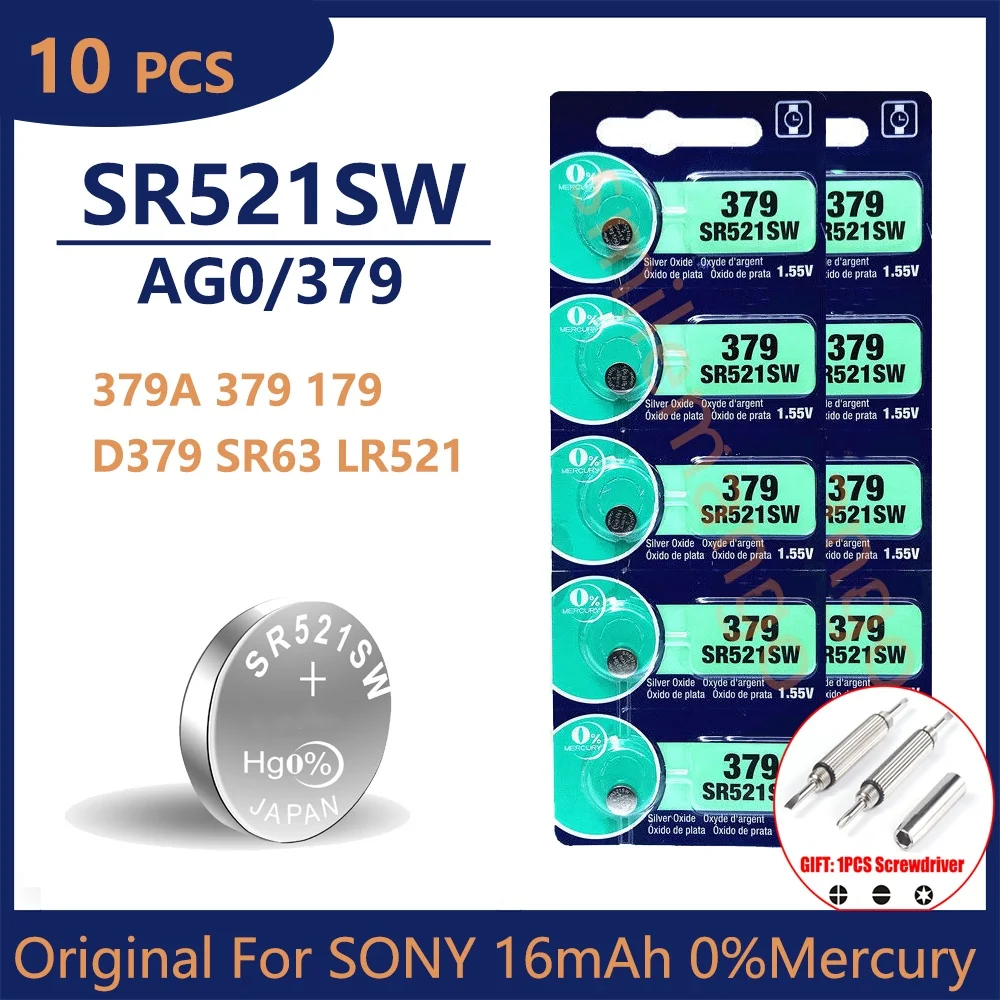 

10PCS Original For SONY LR521 AG0 Button Batteries SR521SW 379A 379 179 D379 SR63 Alkaline Coin Cell Silver OxideWatch Battery