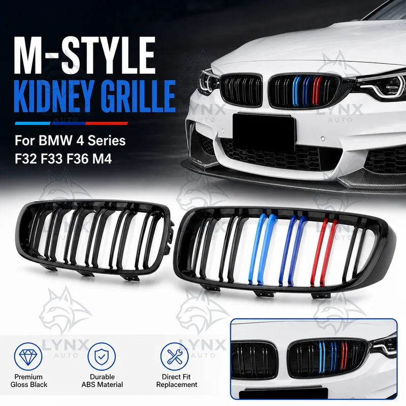 For BMW 4 Series F32 F33 F36 M4 Double Line Tricolor Glossy Black Front Bumper Kidney Grille M Style Replacement ABS