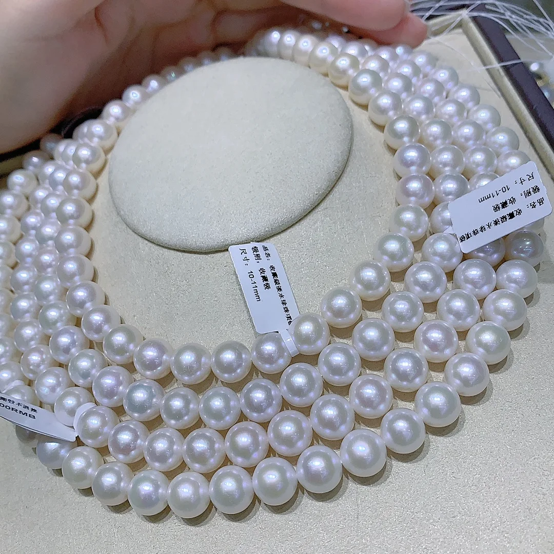 925 Sterling Silver Natural Fresh Water Cultured Round 10-11mm White Pearls Strings Necklaces