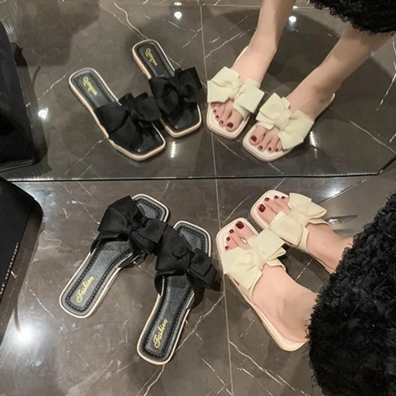 Summer Bow Flat Women's Slippers Square Open Toe Women's Sandals Fashion Soft Sole Casual Non Slip Beach Outdoor Woman Shoes