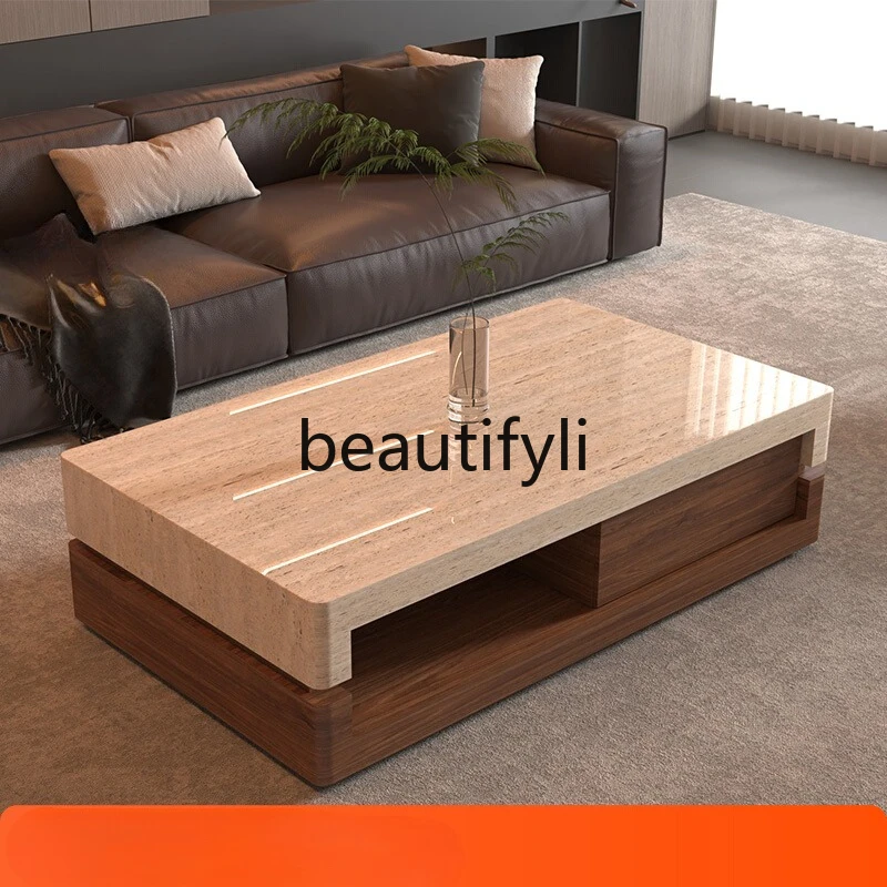 

Travertine coffee table living room household marble light luxury minimalist furniture walnut high-end