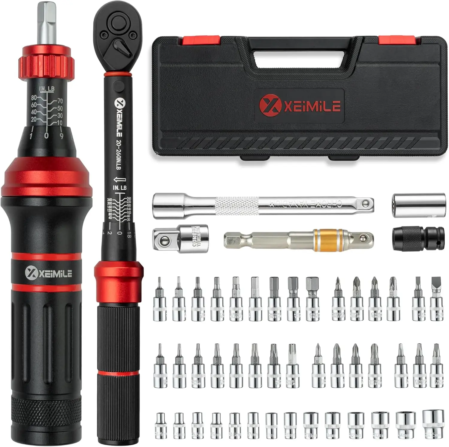 

52-Piece 1/4" Torque Wrench & Screwdriver Set, 20-260 in.lb, 2.3-29.4 N.m, 72T Dual Range, with Bits & Sockets for Bike, Gun, DIY