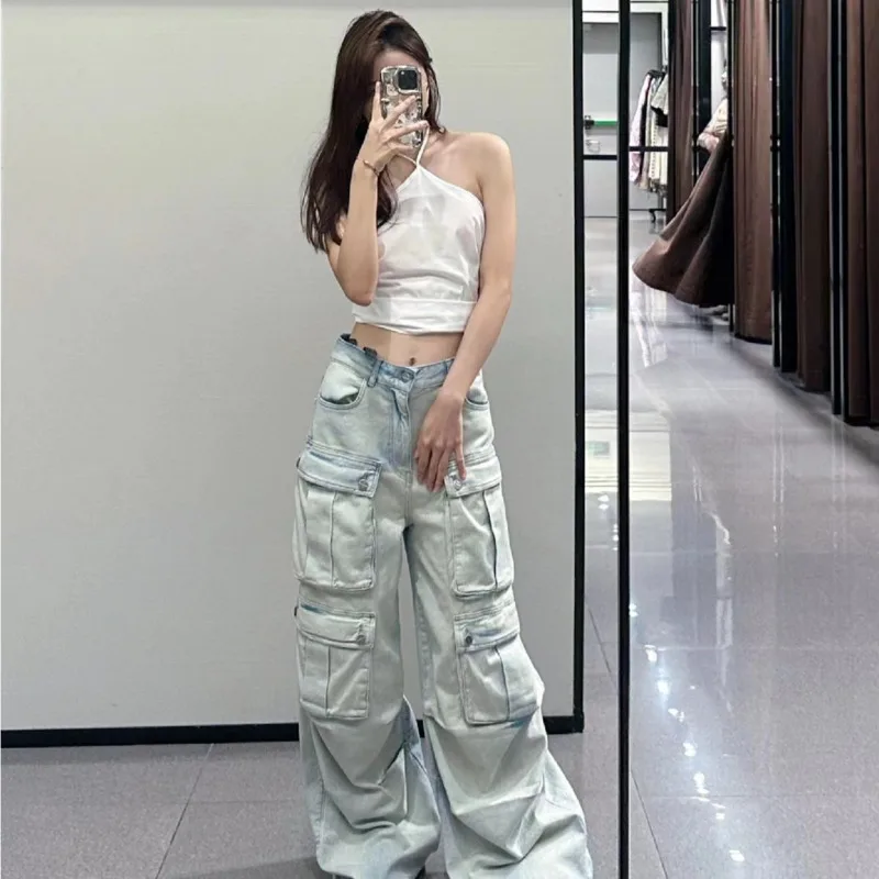 

Hip Hop Pocket Workwear Jeans Women's Straight Wide Leg Loose Gothic Y2k Denim Pants Korean Style Fashion Grunge Jeans Girls Yk2