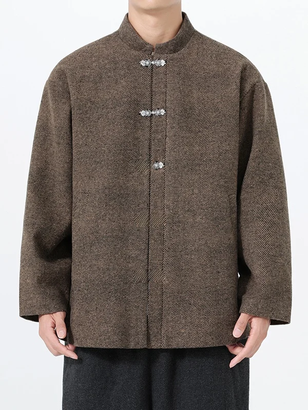 جديد الصينية Sle تانغ دعوى الرجال الخريف الشتاء الصوفية Jaet فضفاضة الوقوف طوق Zhongan معطف زر حتى طويل Sve ملابس خارجية