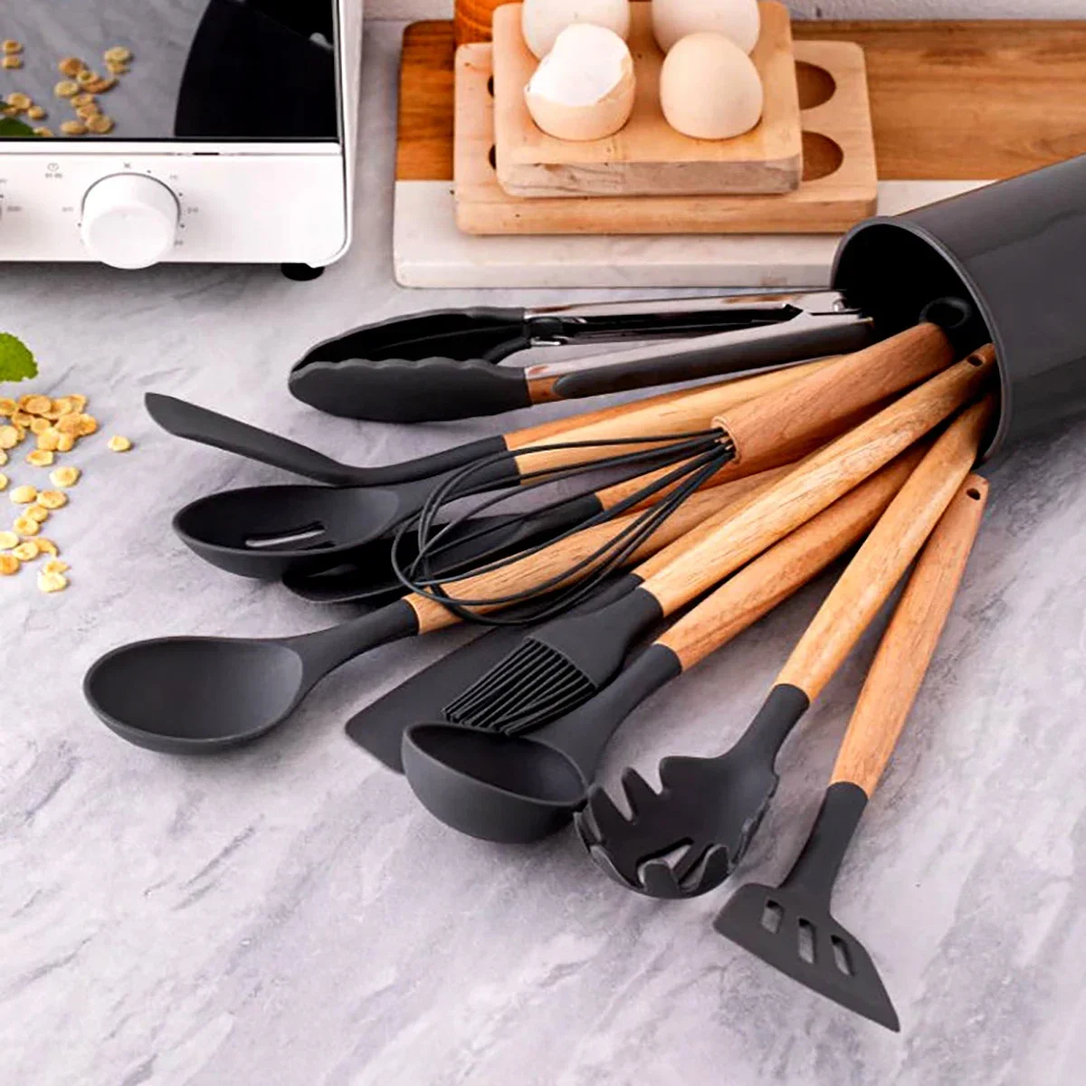 12Pcs Silicone Utensils Set Non-Stick Cookware Spatula Shovel Egg Beaters Wooden Handle Kitchenware Home Kitchen Cooking Tools