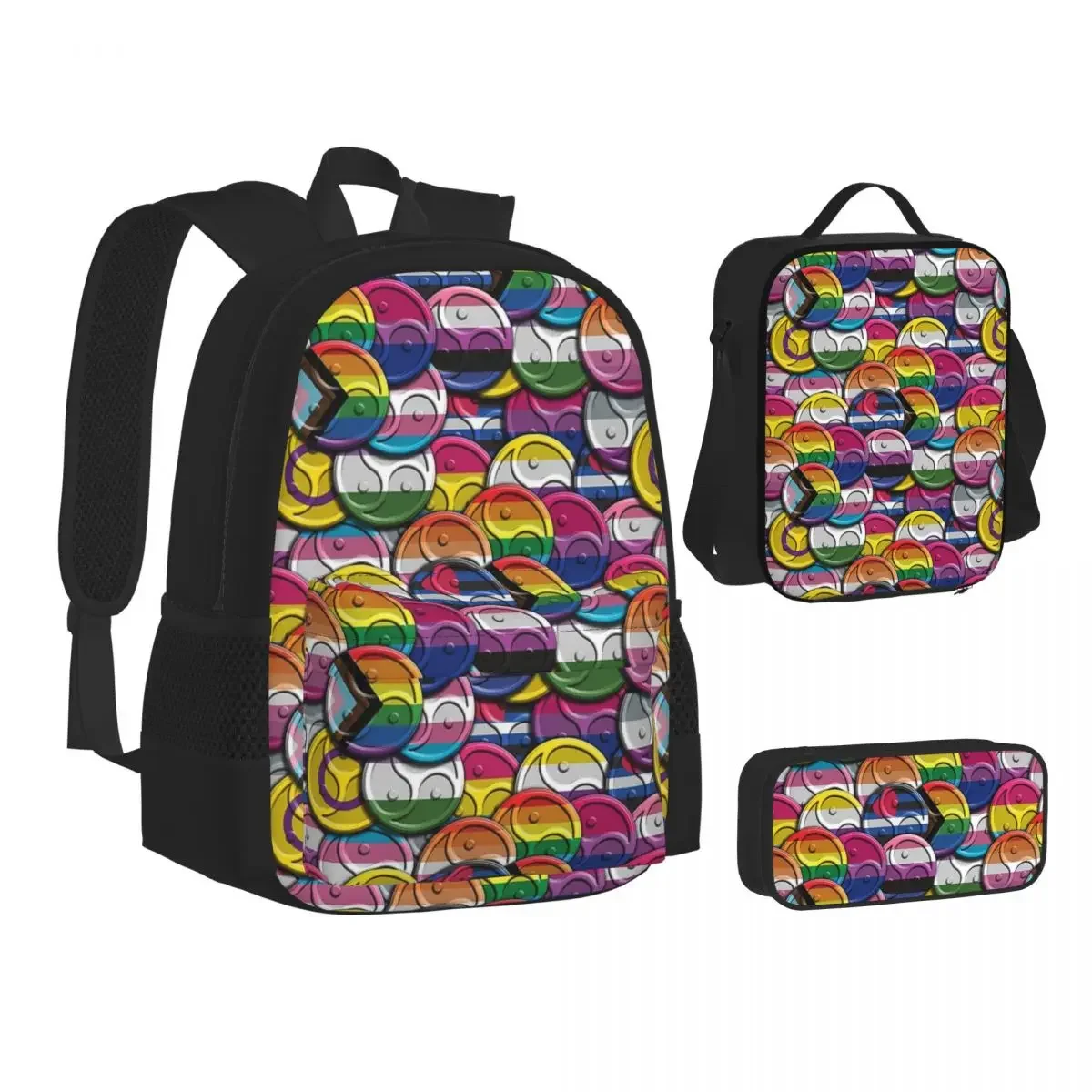 

LGBTQIA Plus Pride Flags In Triskelions Shapes Backpacks Boys Girls Bookbag Students SchoolBag Lunch Bag Pen Bag Three-Piece Set