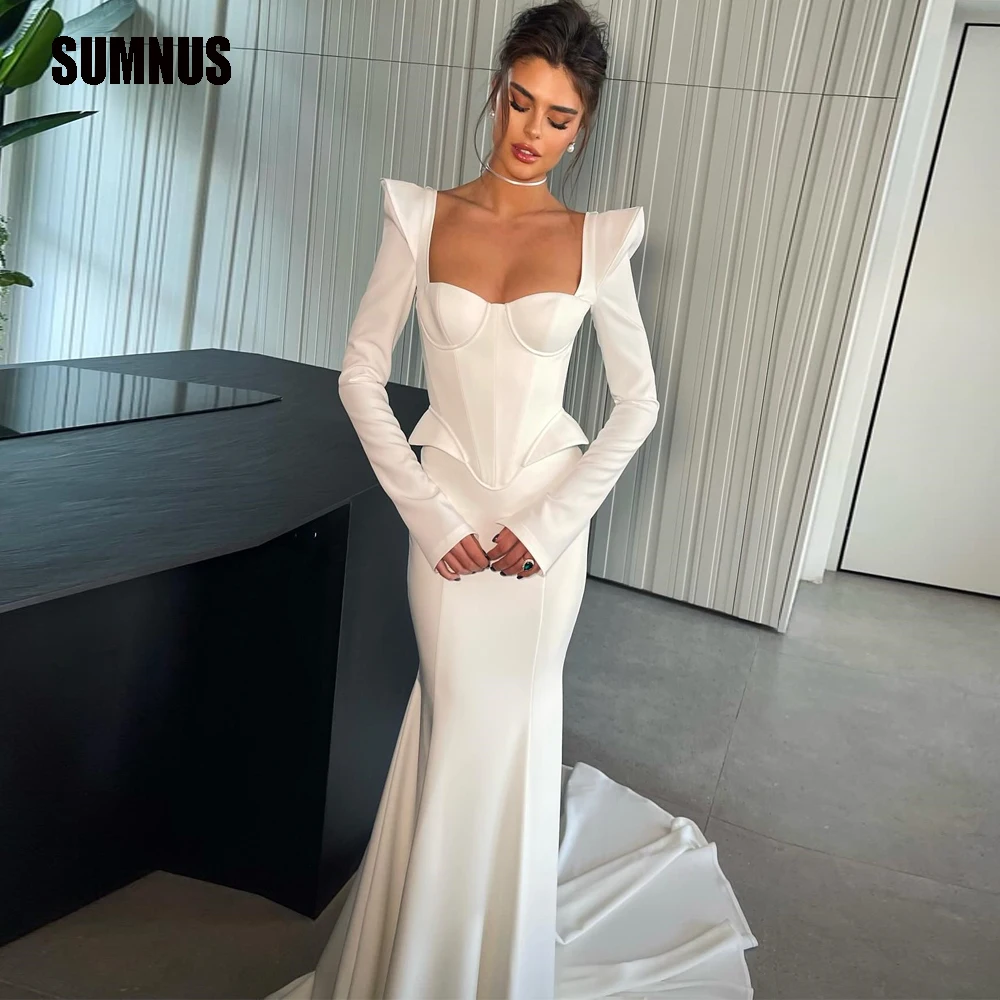 SUMNUS Sexy White Mermaid Wedding Dresses Long Sleeve Sweetheart Satin Bridal Gowns Israel Beach Wedding Gowns vestidos de noiva