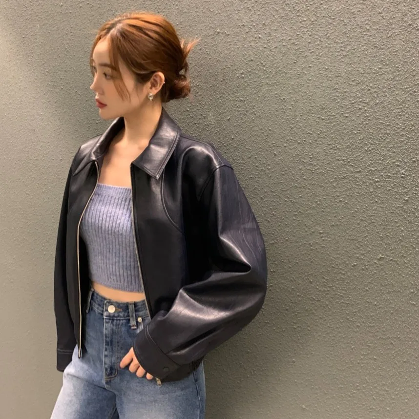 Retro Flip Collar Casual Stylish Women's Jacket Motorcycle Leather Coat Short Synthetic Leather Long Sleeve Winter Outerwear