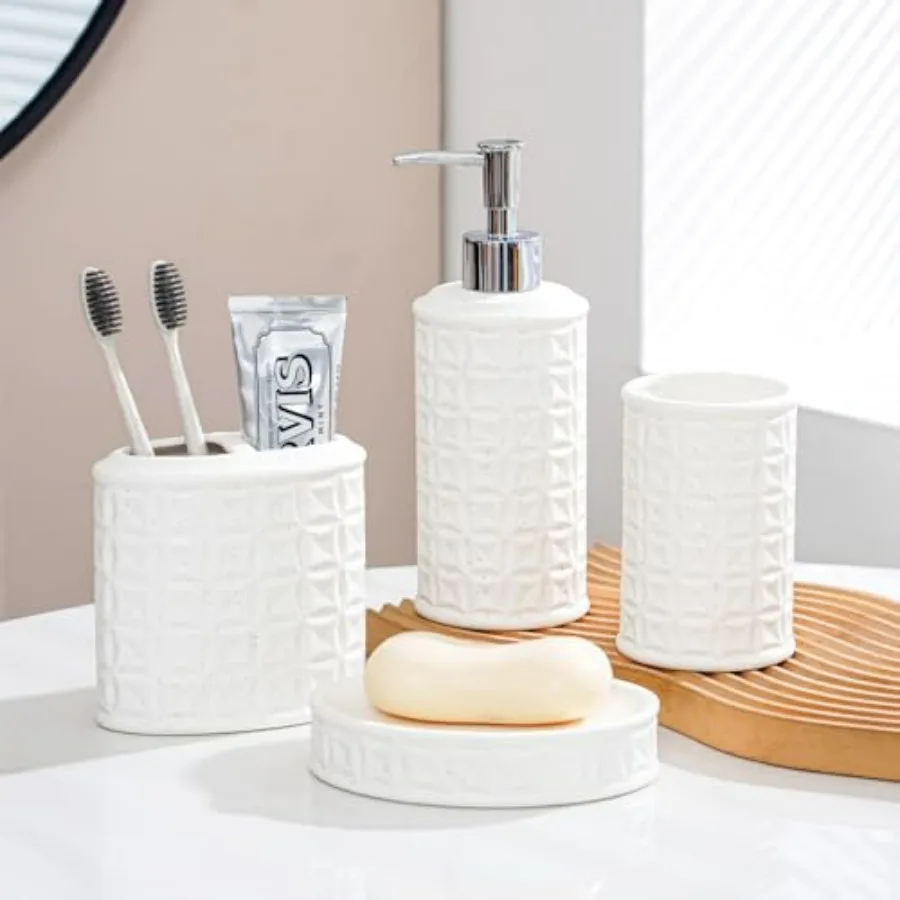 

4-Piece Bathroom Accessory Set - White Ceramic Bathroom Decor for Counter Organization with Soap Dispenser Toothbrush Holder Tu
