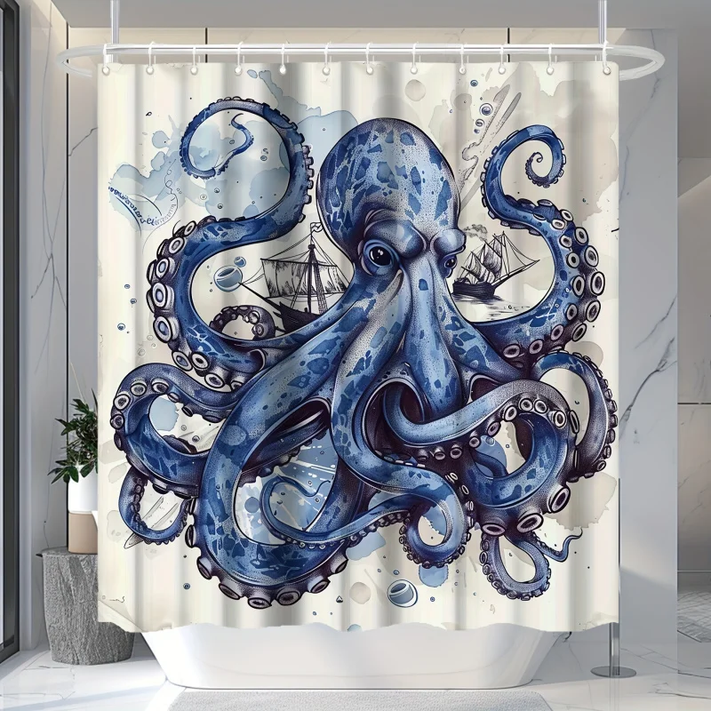 1pc Blue Octopus Tentacles Wrapping Ocean Elements Printed Shower Curtain, with 12 Hooks, Suitable for Bathroom Decoration and W