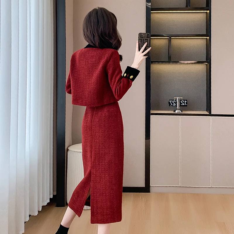 2023 Women Fashion Two-Piece Set Vintage Tweed Single Breasted Blazer Female Short Jacket Mini Skirt Chic Suit Ladies Outfits