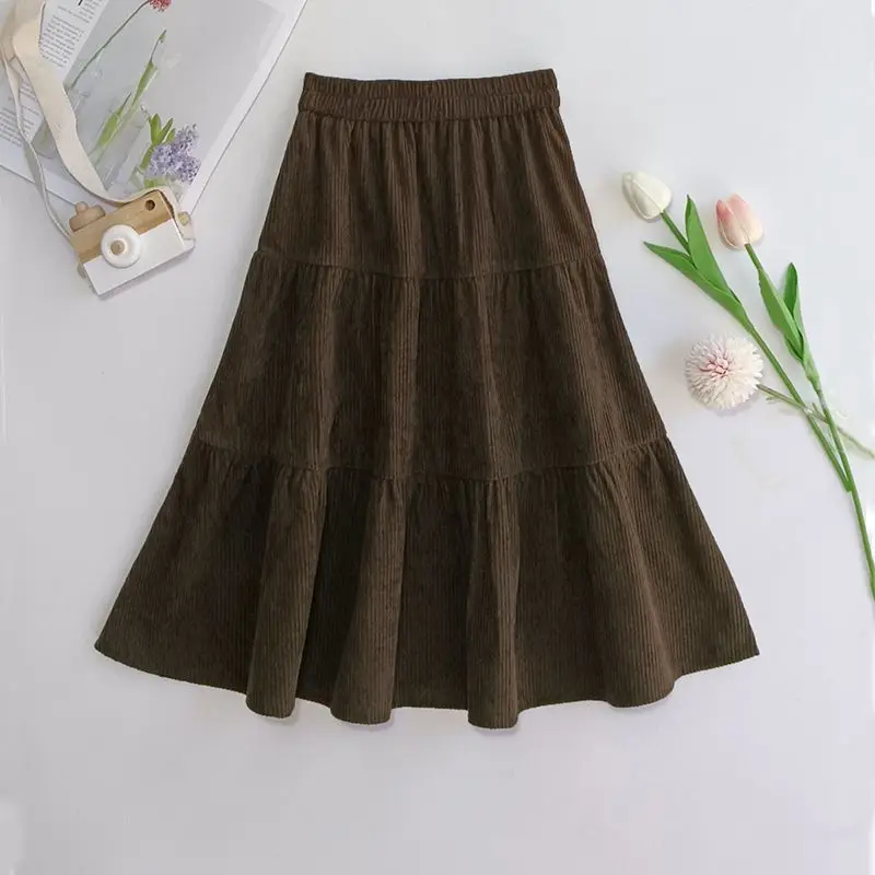 Kids Girls Spring Autumn Skirts Teenage Girls Corduroy Medium Length Skirt Children Casual Pleated Skirts Japanese Korean Style