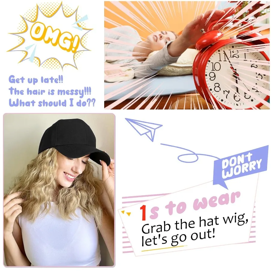 قبعة بيسبول شعر مستعار مع شعر مرفق 16 بوصة قبعة سوداء قابلة للتعديل تتميز وصلات شعر بوب صناعية مموجة ومجعدة للنساء