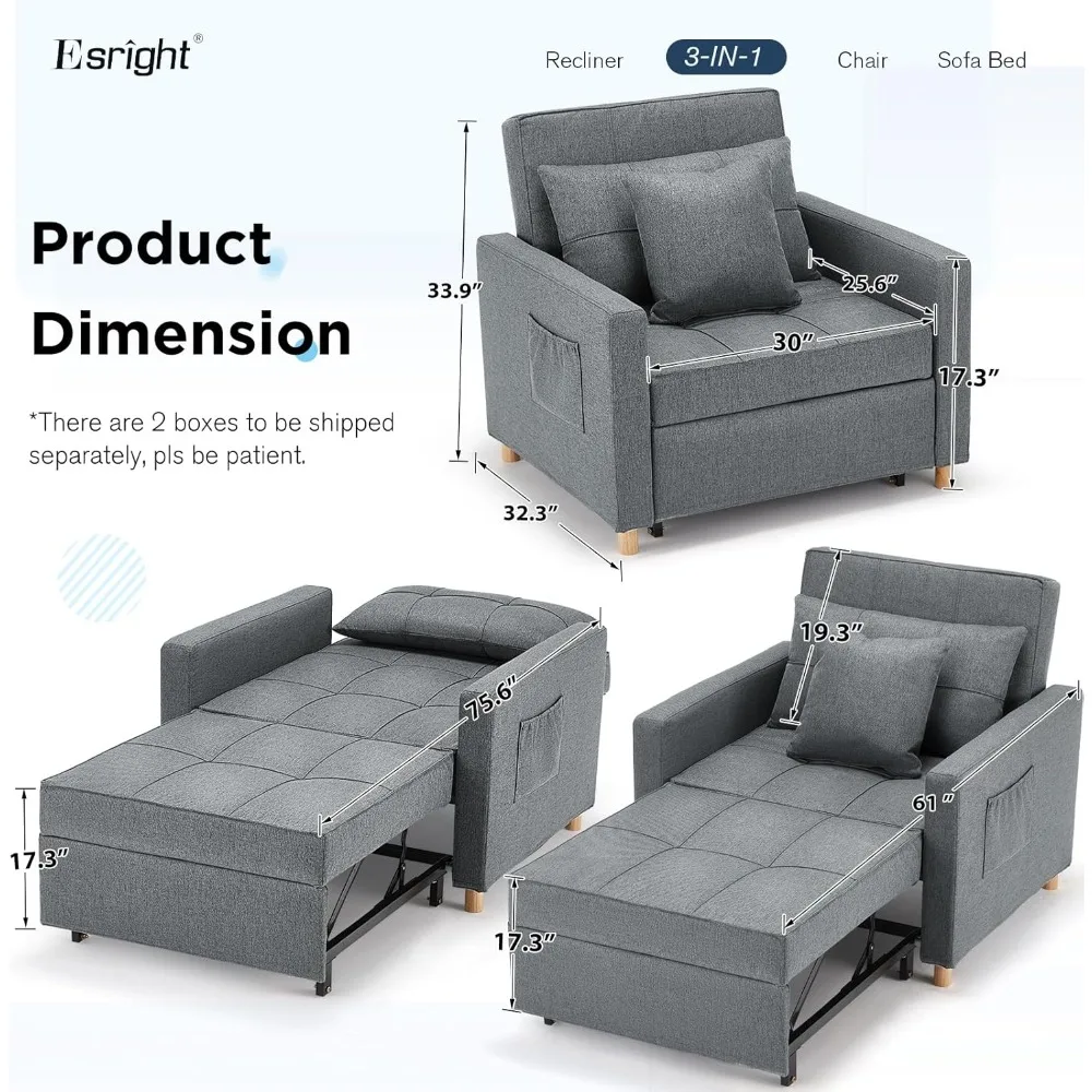 Sleeper Chair, 3-1 Convertible Chair Bed Pull Out Single Sofa Bed with Adjustable Backrest, 2 Pillows, Side Pocket