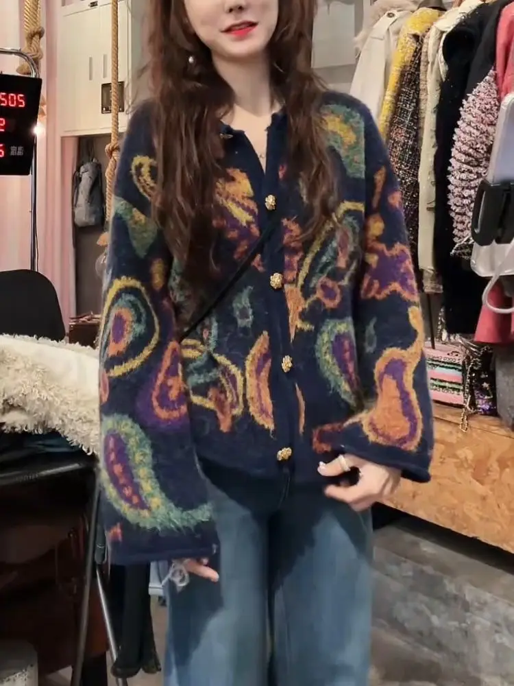 

Women's Retro Colored Pattern Knitted Cardigan Autumn Casual Young Girl Female Long Sleeve Knitted Short Tops 2000s Clothes