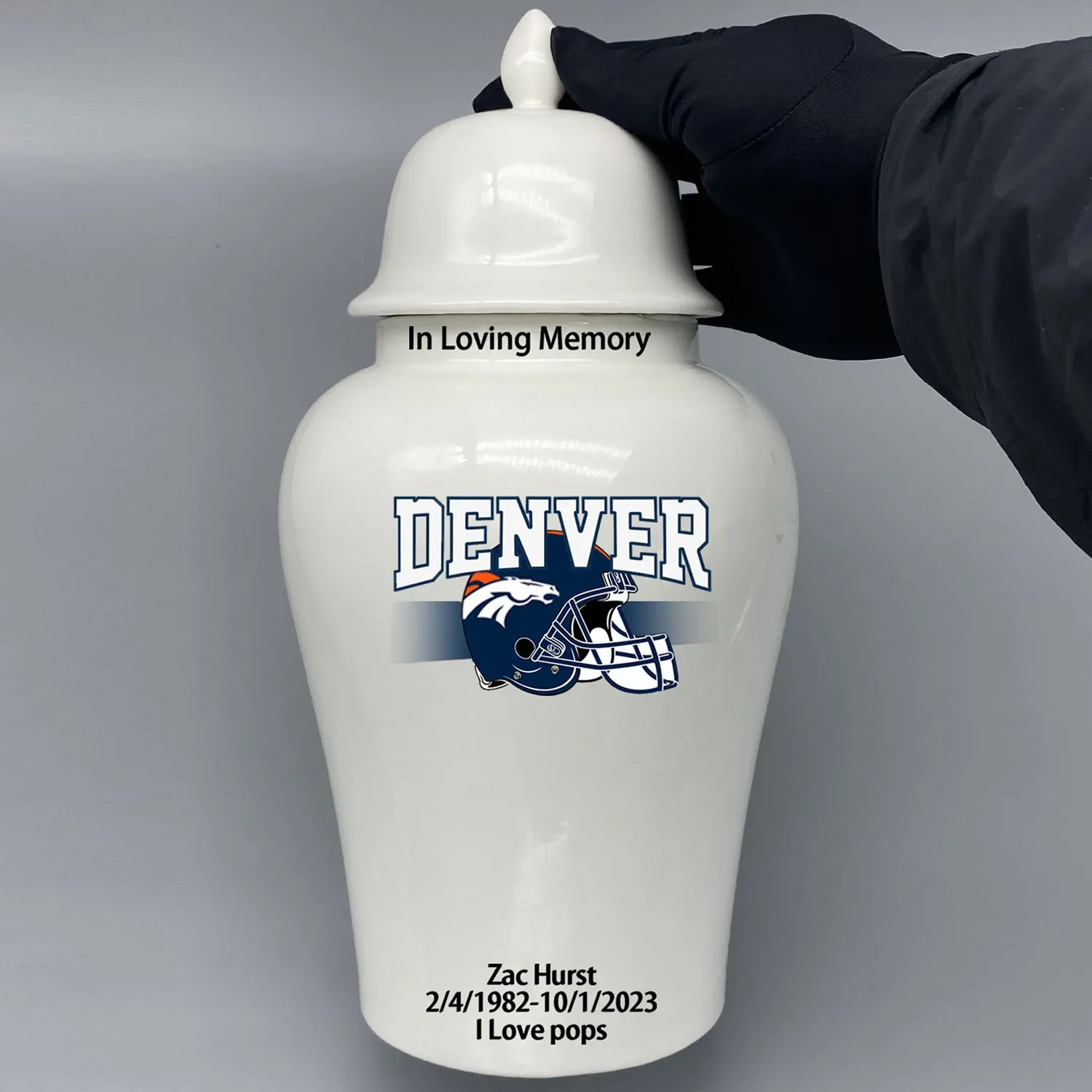 Large Urn for Denver Broncos-themed Logo Urn.Please send me the customize information-name/date and number on the urn