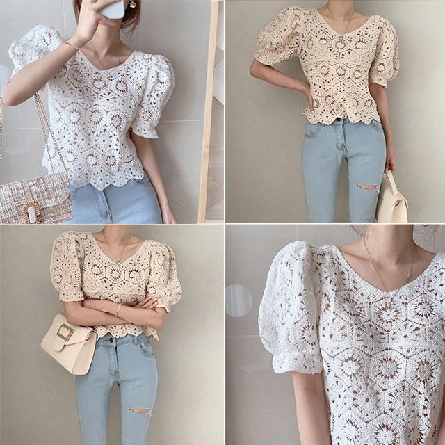 Ladies Puff Sleeve Vintage Lace Crop Top Women Summer New Fashion Casual Female Elegant T-shirt Dropshipping Cheap Wholesale