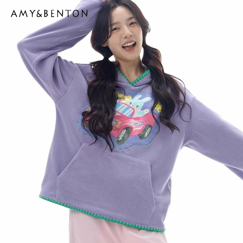 

Autumn Winter New Purple Fleece Cute Warm Women's Hoodie Original Design Loose Slimming Versatile Pullover Sweatshirts Ladies