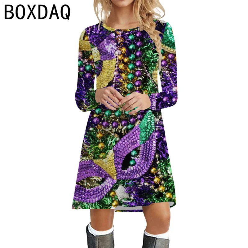 Mardi Gras Sequin Beads Carnival Party Dress Women Autumn Winter Long Sleeve O-Neck Casual A-Line Dress Big Size Female Vestidos