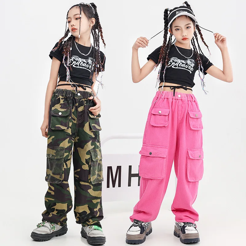 Kid Hip Hop Black Lace Up Crop Top T Shirt Camouflage Pink Casual Muliti Flap Pockets Cargo Pants for Girl Dance Costume Clothes