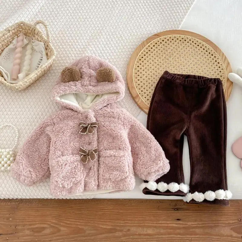 Winter Cute Baby Girl Coat Children's Hooded Cartoon Clothing Toddler Girls Warm Solid Color Teddy Bear Sweater